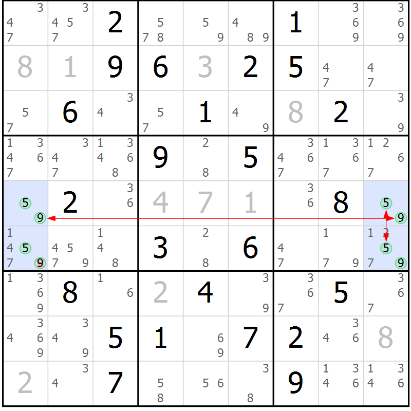 Position des candidats pour la solution de la Gr 50 page 53 du magazine de sudoku Maestro n° 103