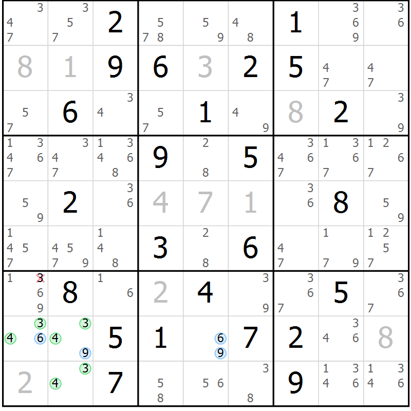 Position des candidats pour la solution de la Gr 50 page 53 du magazine de sudoku Maestro n° 103