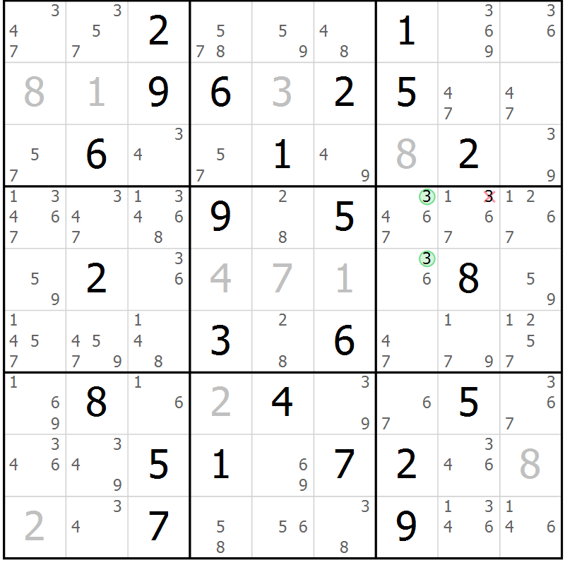 Position des candidats pour la solution de la Gr 50 page 53 du magazine de sudoku Maestro n° 103