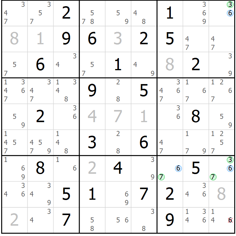 Position des candidats pour la solution de la Gr 50 page 53 du magazine de sudoku Maestro n° 103