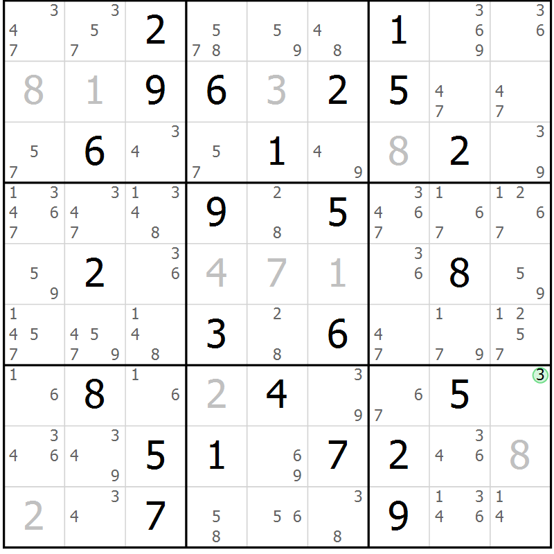 Position des candidats pour la solution de la Gr 50 page 53 du magazine de sudoku Maestro n° 103