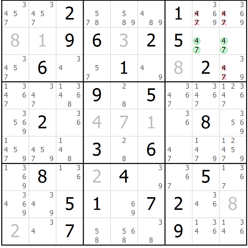 Position des candidats pour la solution de la Gr 50 page 53 du magazine de sudoku Maestro n° 103