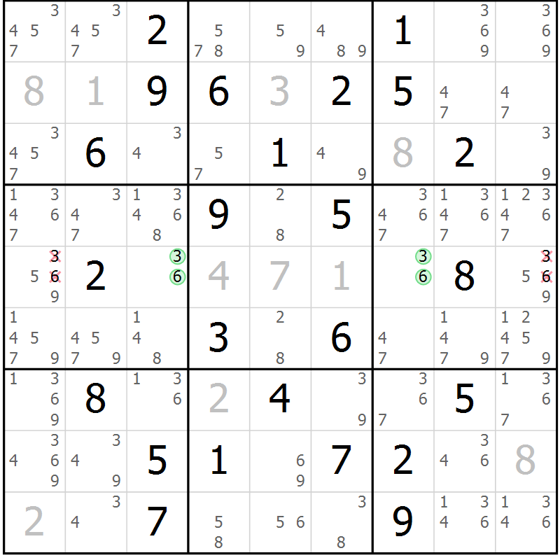 Position des candidats pour la solution de la Gr 50 page 53 du magazine de sudoku Maestro n° 103