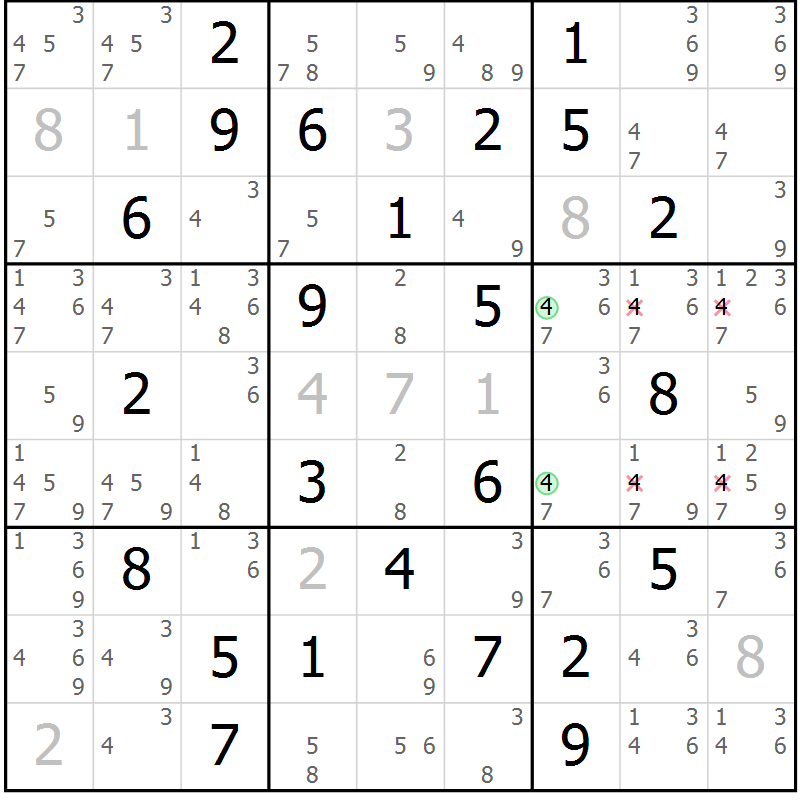 Position des candidats pour la solution de la Gr 50 page 53 du magazine de sudoku Maestro n° 103