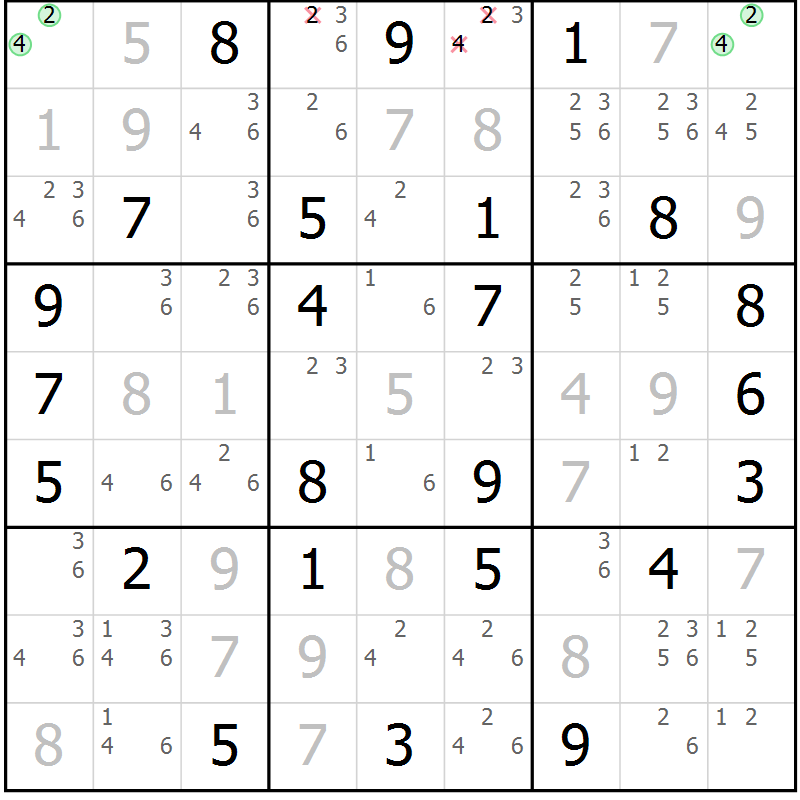 Position des candidats pour la solution de la Gr 51 page 54 du magazine de sudoku Maestro n° 103