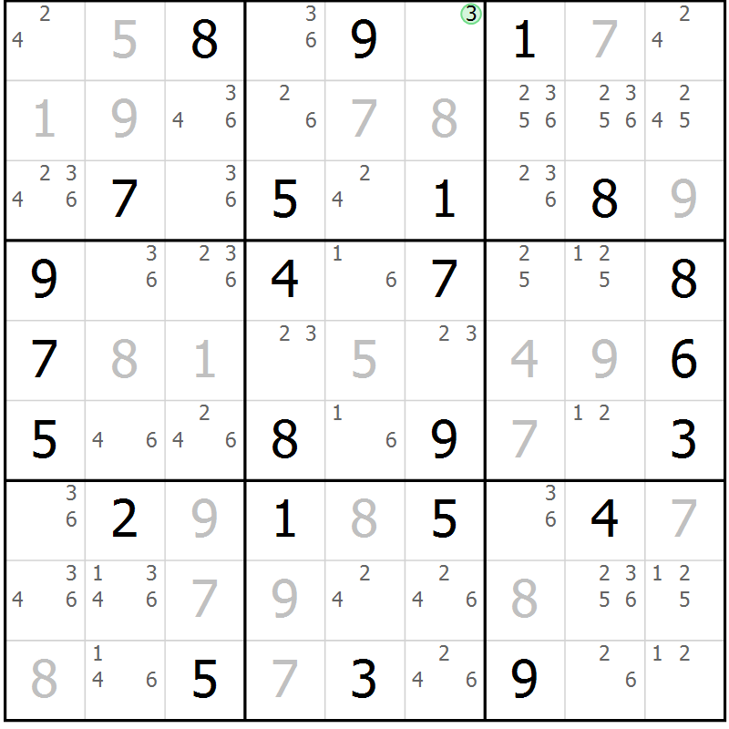Position des candidats pour la solution de la Gr 51 page 54 du magazine de sudoku Maestro n° 103
