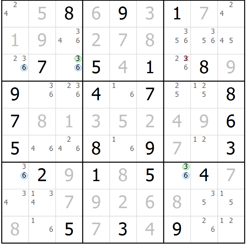 Position des candidats pour la solution de la Gr 51 page 54 du magazine de sudoku Maestro n° 103