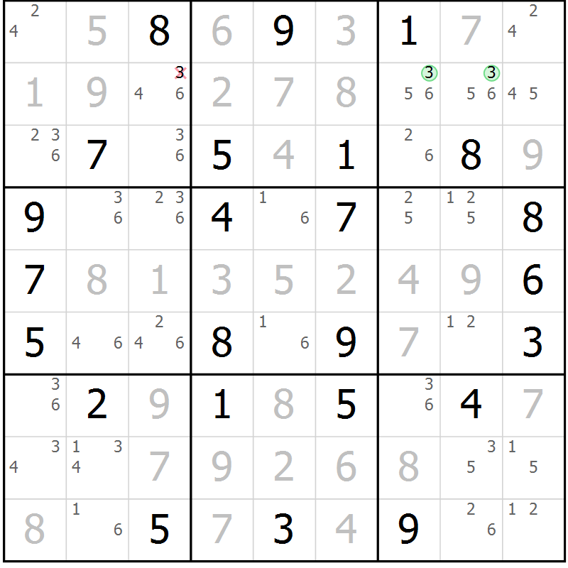 Position des candidats pour la solution de la Gr 51 page 54 du magazine de sudoku Maestro n° 103