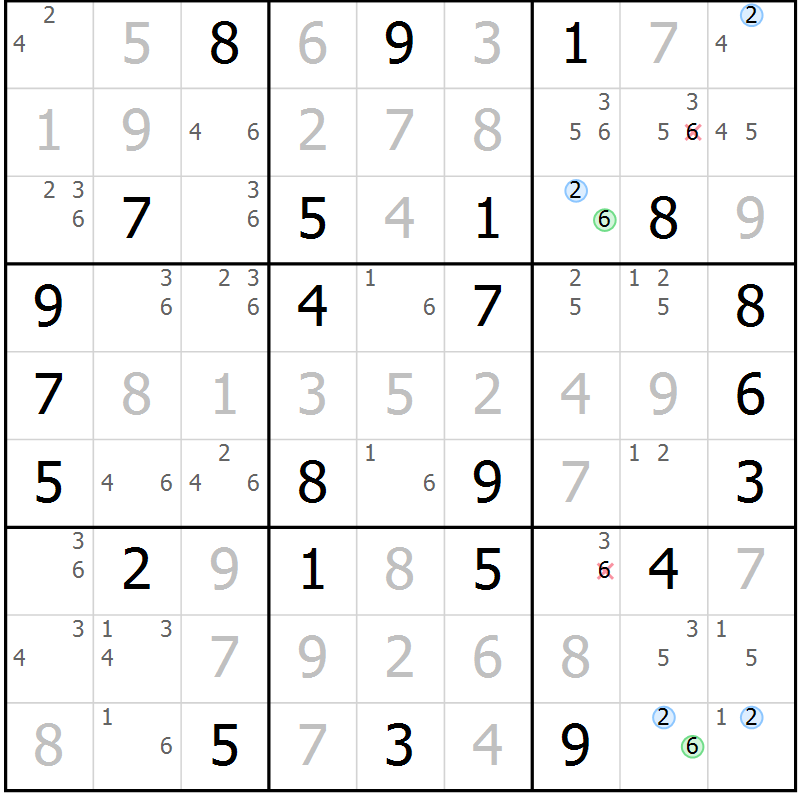 Position des candidats pour la solution de la Gr 51 page 54 du magazine de sudoku Maestro n° 103