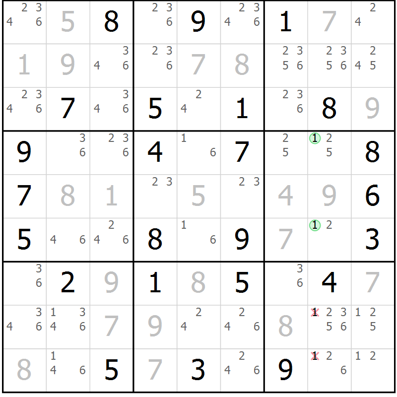 Position des candidats pour la solution de la Gr 51 page 54 du magazine de sudoku Maestro n° 103