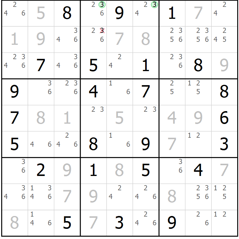 Position des candidats pour la solution de la Gr 51 page 54 du magazine de sudoku Maestro n° 103