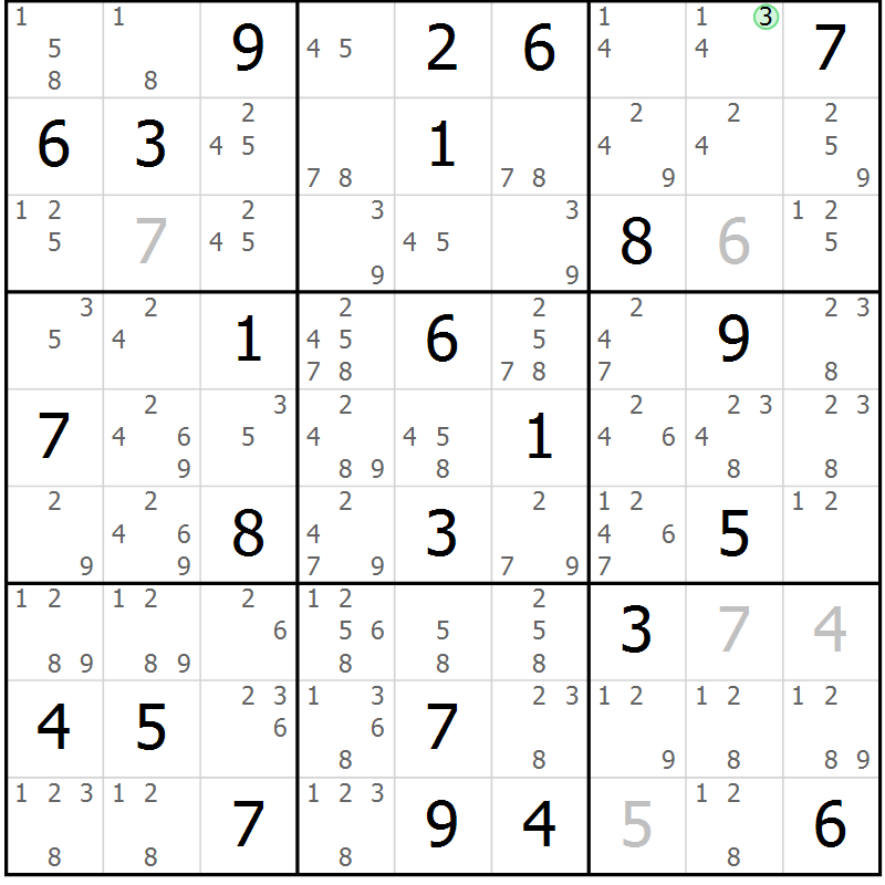 Position des candidats pour la solution de la Gr 52 page 55 du magazine de sudoku Maestro n° 103