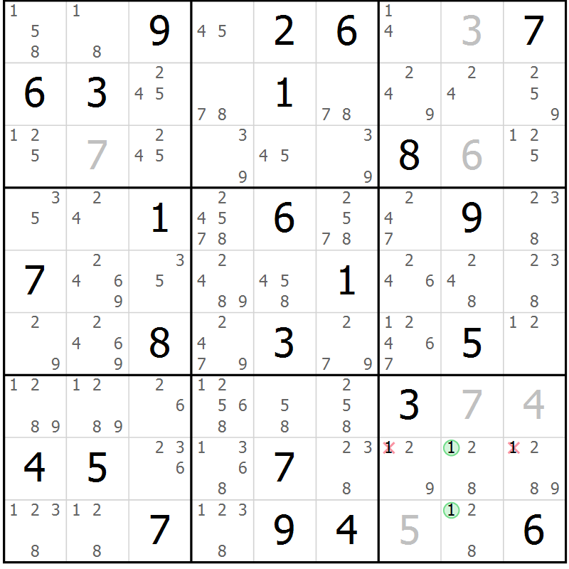Position des candidats pour la solution de la Gr 52 page 55 du magazine de sudoku Maestro n° 103