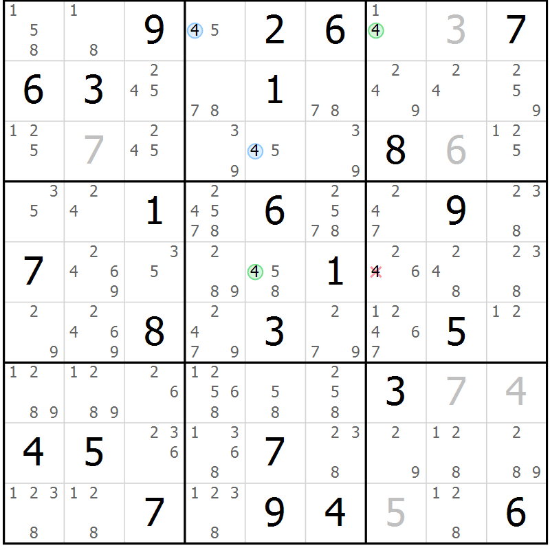 Position des candidats pour la solution de la Gr 52 page 55 du magazine de sudoku Maestro n° 103