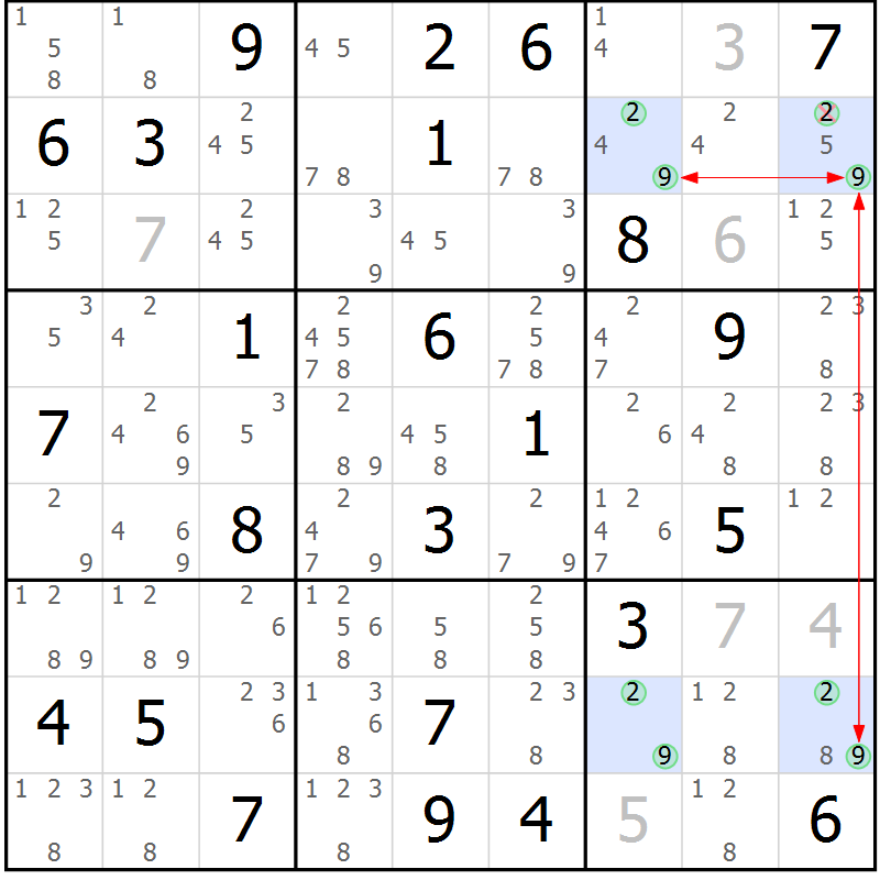 Position des candidats pour la solution de la Gr 52 page 55 du magazine de sudoku Maestro n° 103