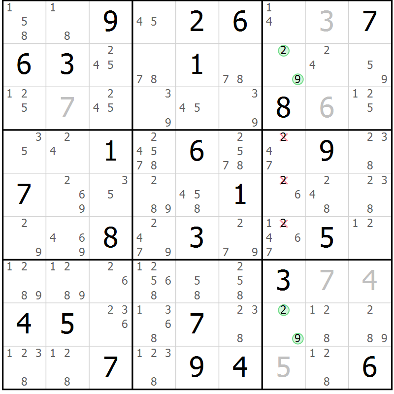 Position des candidats pour la solution de la Gr 52 page 55 du magazine de sudoku Maestro n° 103
