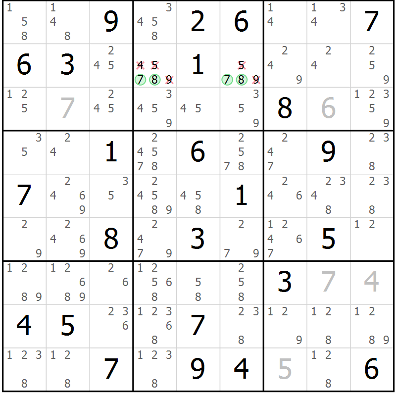 Position des candidats pour la solution de la Gr 52 page 55 du magazine de sudoku Maestro n° 103