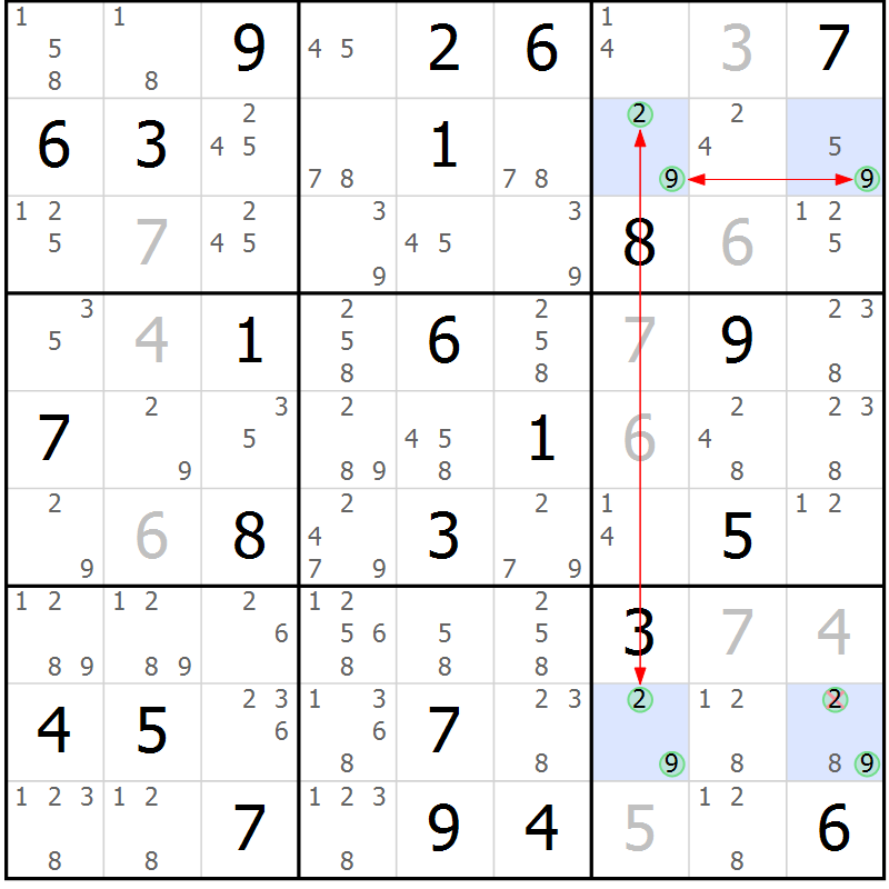 Position des candidats pour la solution de la Gr 52 page 55 du magazine de sudoku Maestro n° 103