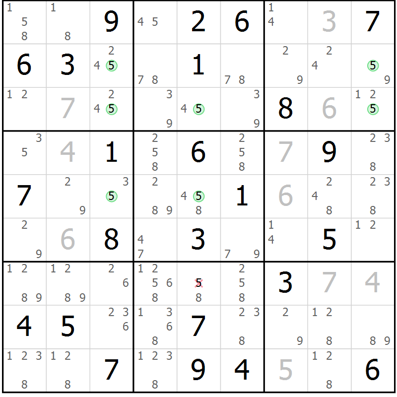 Position des candidats pour la solution de la Gr 52 page 55 du magazine de sudoku Maestro n° 103