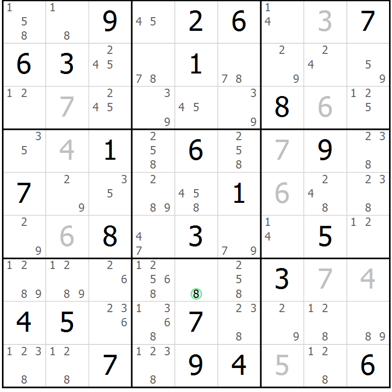 Position des candidats pour la solution de la Gr 52 page 55 du magazine de sudoku Maestro n° 103