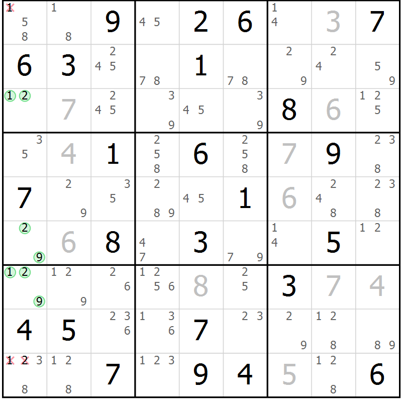 Position des candidats pour la solution de la Gr 52 page 55 du magazine de sudoku Maestro n° 103