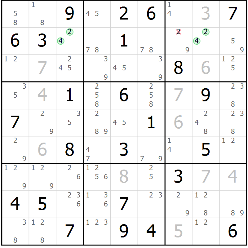 Position des candidats pour la solution de la Gr 52 page 55 du magazine de sudoku Maestro n° 103