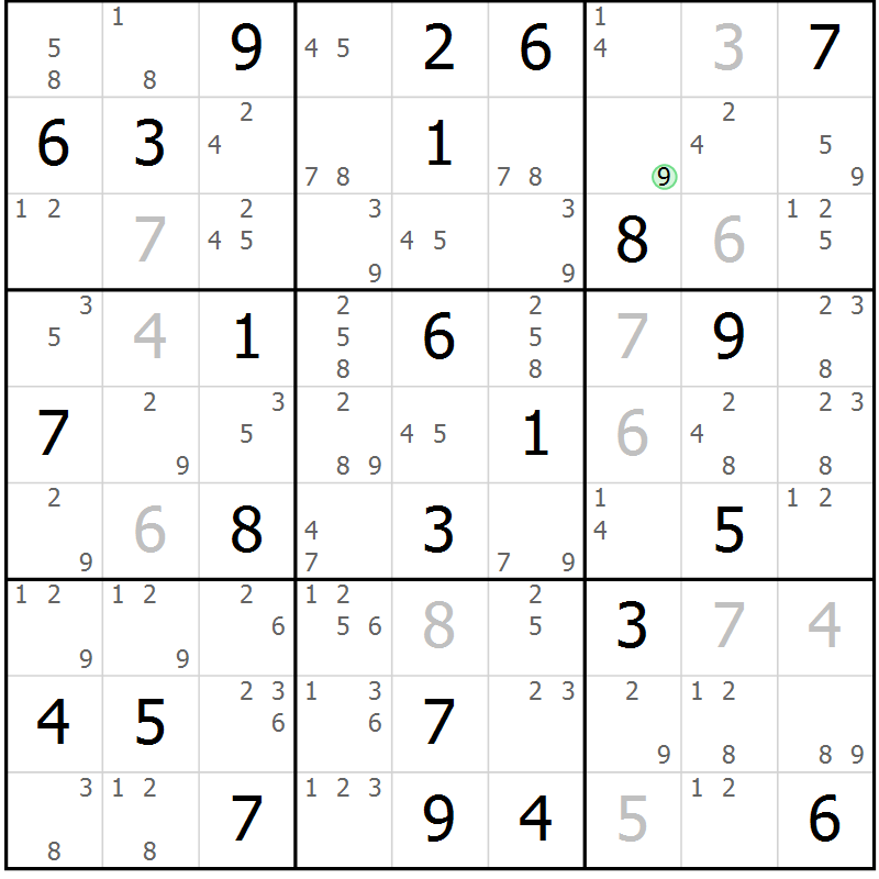 Position des candidats pour la solution de la Gr 52 page 55 du magazine de sudoku Maestro n° 103