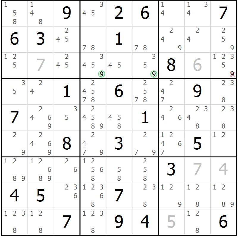 Position des candidats pour la solution de la Gr 52 page 55 du magazine de sudoku Maestro n° 103