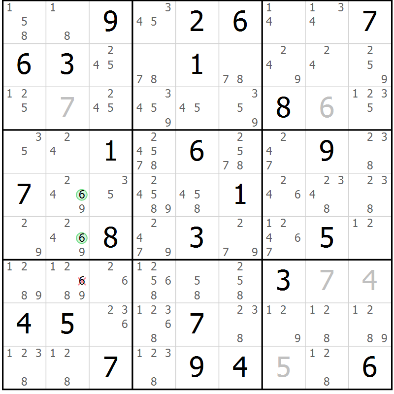 Position des candidats pour la solution de la Gr 52 page 55 du magazine de sudoku Maestro n° 103
