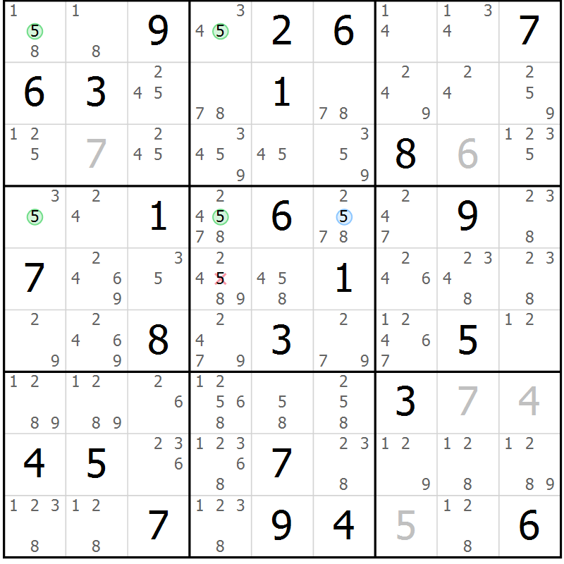 Position des candidats pour la solution de la Gr 52 page 55 du magazine de sudoku Maestro n° 103