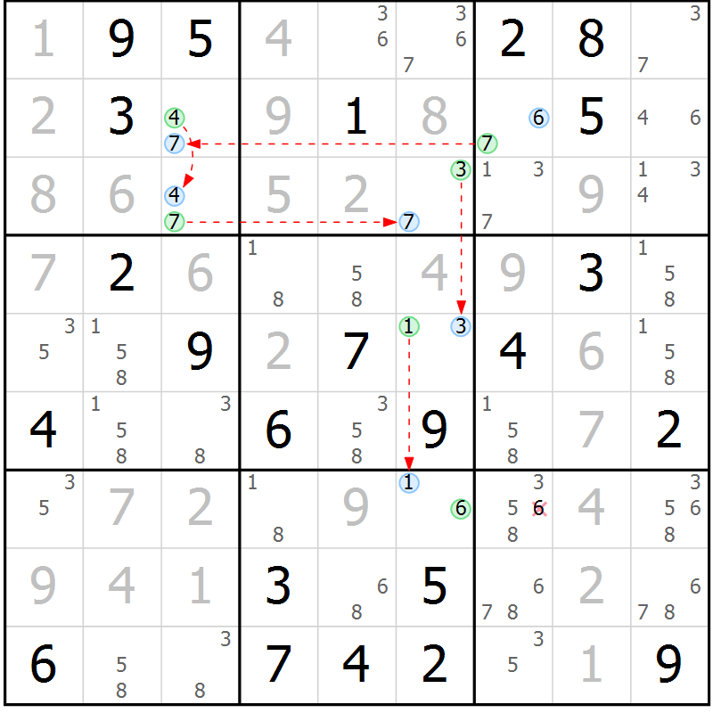 Position des candidats pour la solution de la Gr 53 page 56 du magazine de sudoku Maestro n° 103