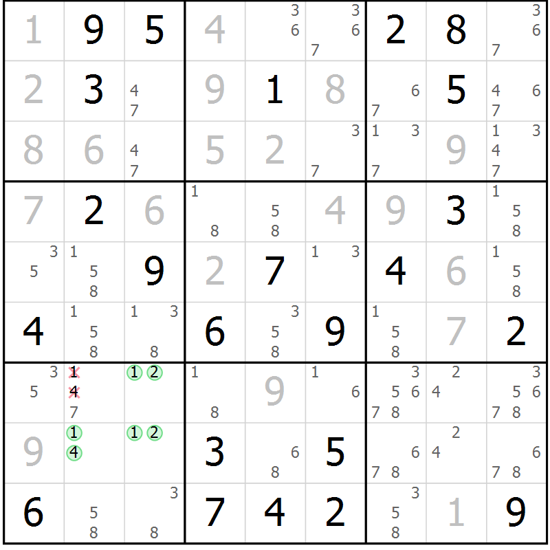 Position des candidats pour la solution de la Gr 53 page 56 du magazine de sudoku Maestro n° 103