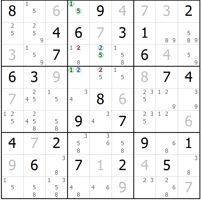 Position des candidats pour la solution de la Gr 54 page 57 du magazine de sudoku Maestro n° 103