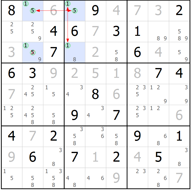 Position des candidats pour la solution de la Gr 54 page 57 du magazine de sudoku Maestro n° 103