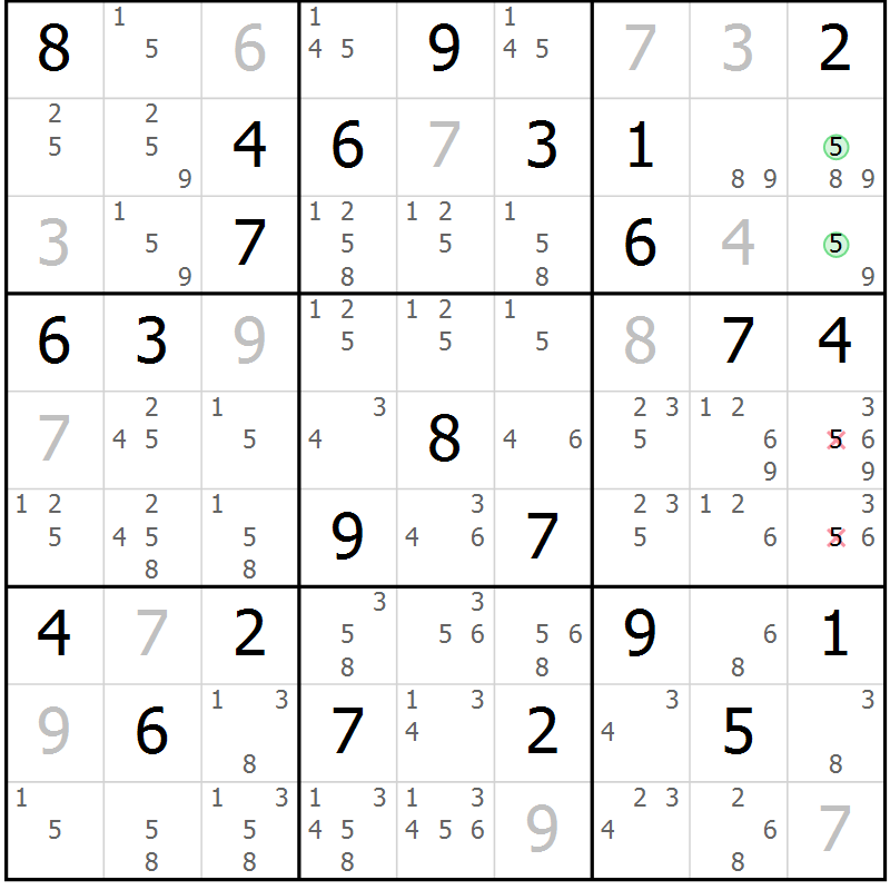 Position des candidats pour la solution de la Gr 54 page 57 du magazine de sudoku Maestro n° 103