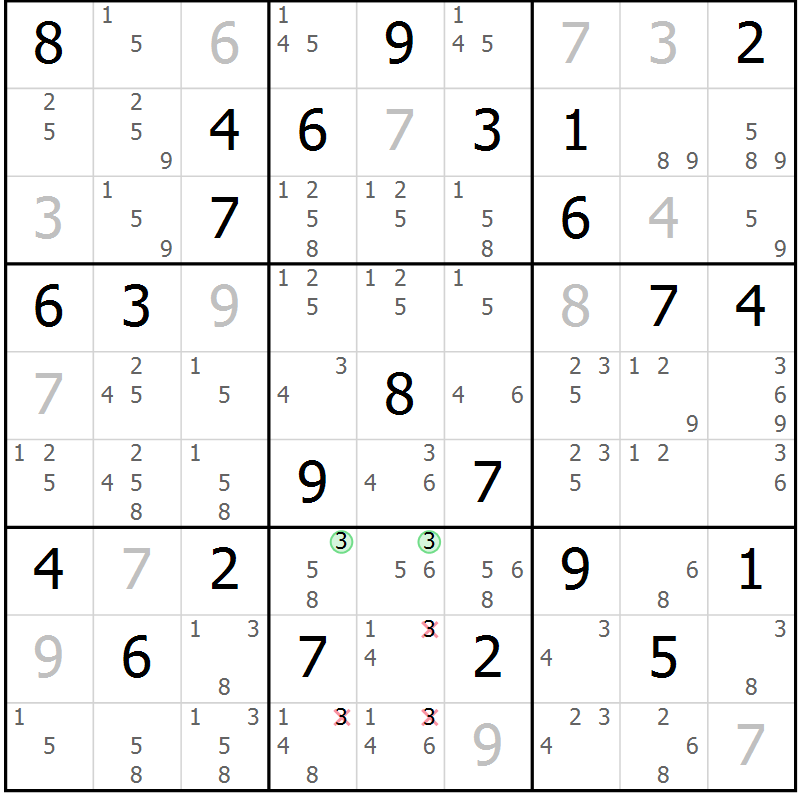 Position des candidats pour la solution de la Gr 54 page 57 du magazine de sudoku Maestro n° 103