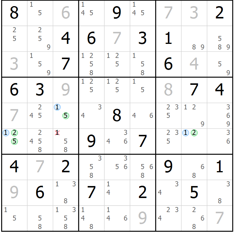 Position des candidats pour la solution de la Gr 54 page 57 du magazine de sudoku Maestro n° 103