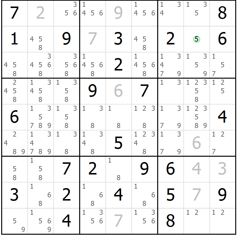 Position des candidats pour la solution de la Gr 55 page 58 du magazine de sudoku Maestro n° 103