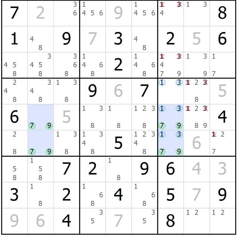 Position des candidats pour la solution de la Gr 55 page 58 du magazine de sudoku Maestro n° 103
