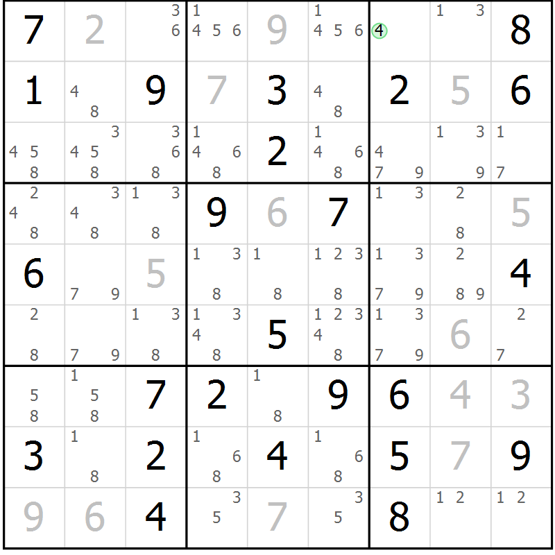 Position des candidats pour la solution de la Gr 55 page 58 du magazine de sudoku Maestro n° 103