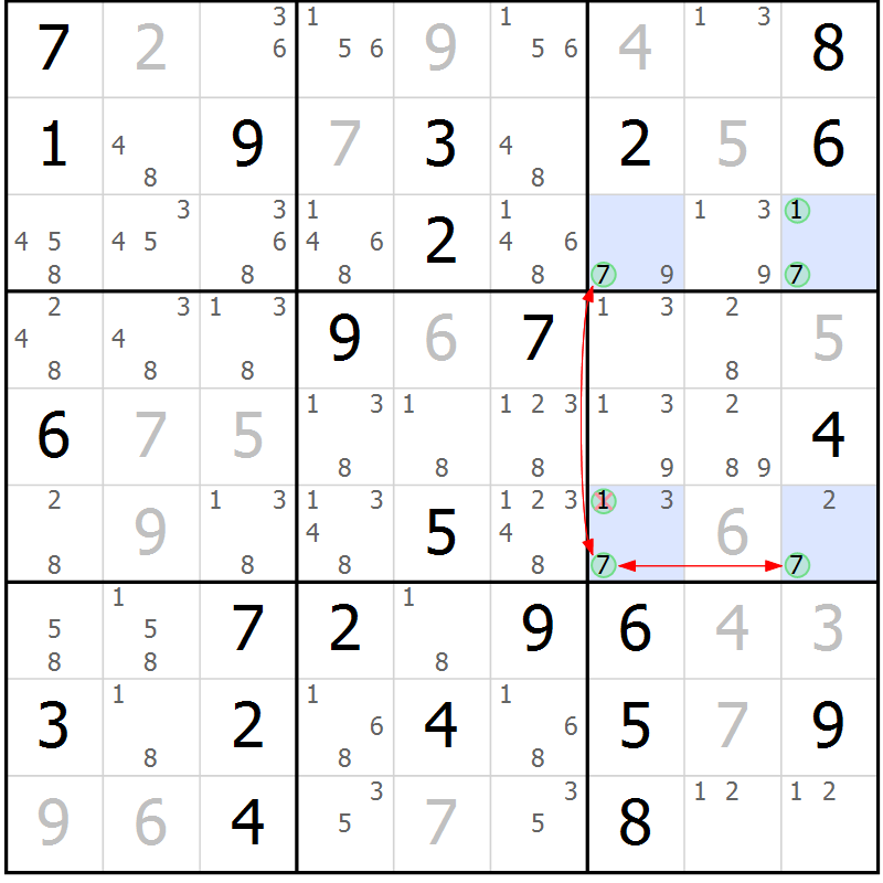 Position des candidats pour la solution de la Gr 55 page 58 du magazine de sudoku Maestro n° 103