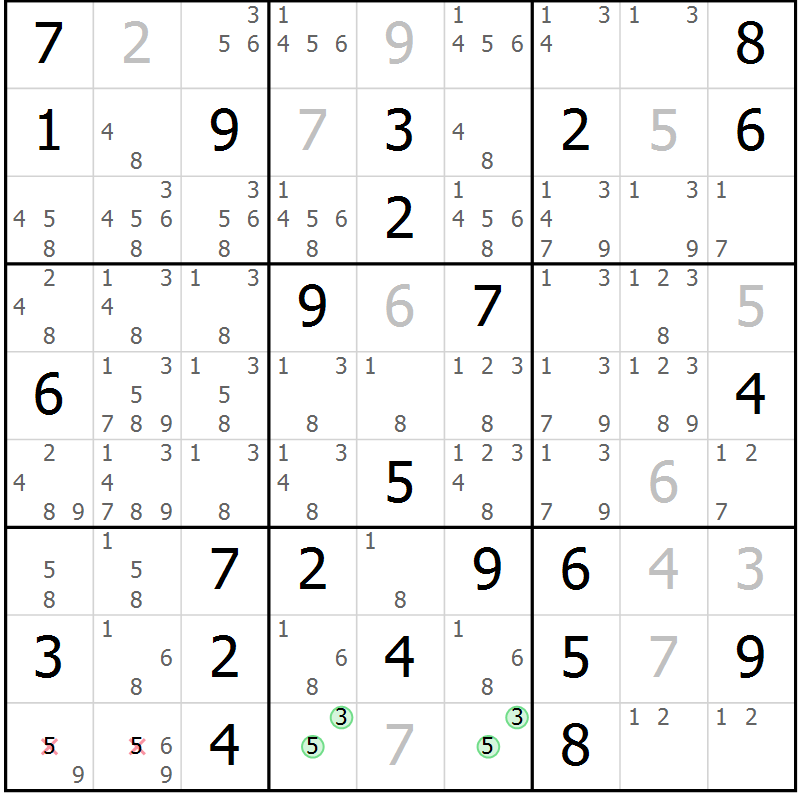 Position des candidats pour la solution de la Gr 55 page 58 du magazine de sudoku Maestro n° 103