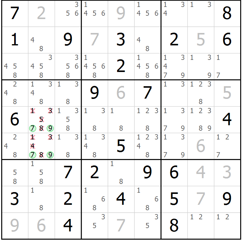 Position des candidats pour la solution de la Gr 55 page 58 du magazine de sudoku Maestro n° 103