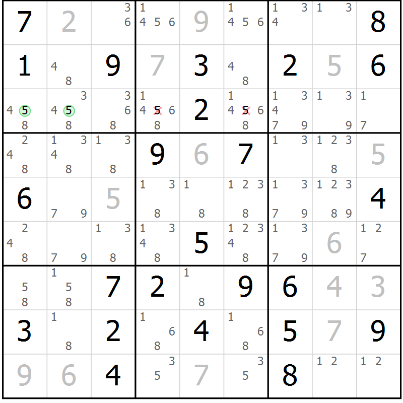 Position des candidats pour la solution de la Gr 55 page 58 du magazine de sudoku Maestro n° 103