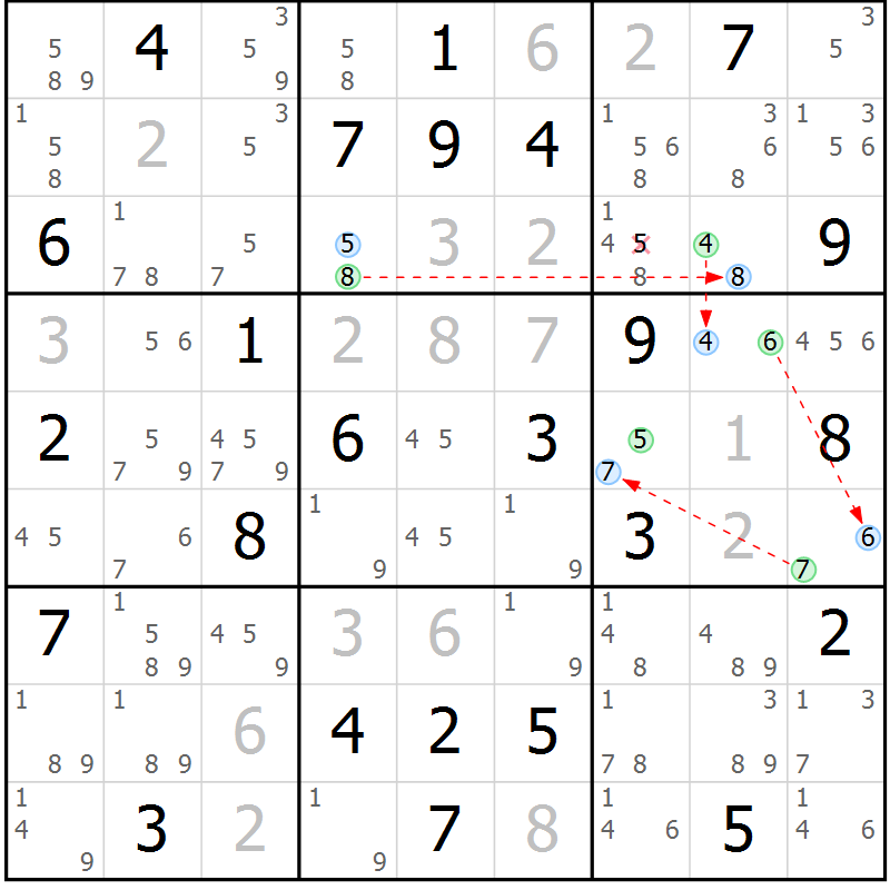 Position des candidats pour la solution de la Gr 56 page 59 du magazine de sudoku Maestro n° 103