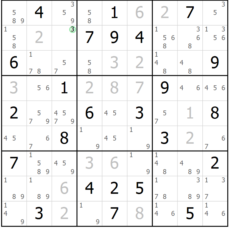 Position des candidats pour la solution de la Gr 56 page 59 du magazine de sudoku Maestro n° 103