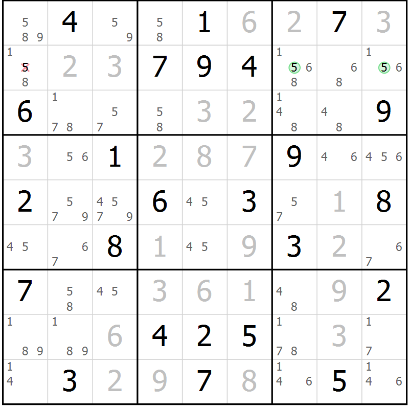 Position des candidats pour la solution de la Gr 56 page 59 du magazine de sudoku Maestro n° 103