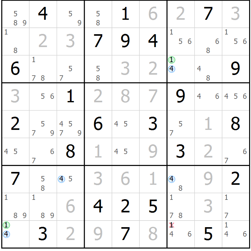 Position des candidats pour la solution de la Gr 56 page 59 du magazine de sudoku Maestro n° 103
