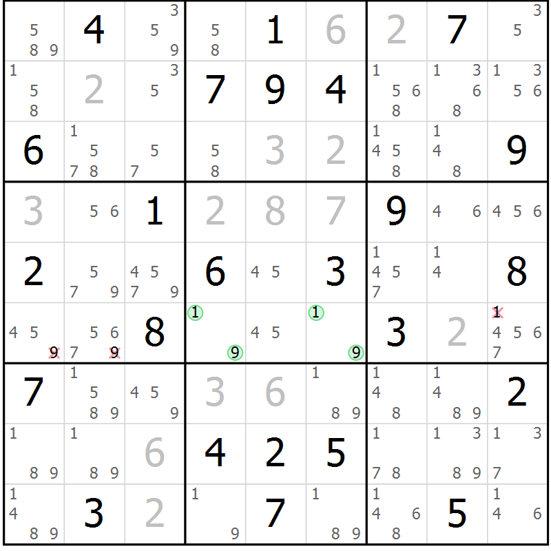 Position des candidats pour la solution de la Gr 56 page 59 du magazine de sudoku Maestro n° 103