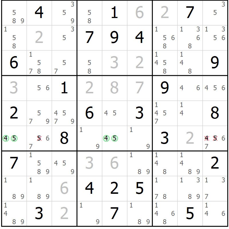 Position des candidats pour la solution de la Gr 56 page 59 du magazine de sudoku Maestro n° 103